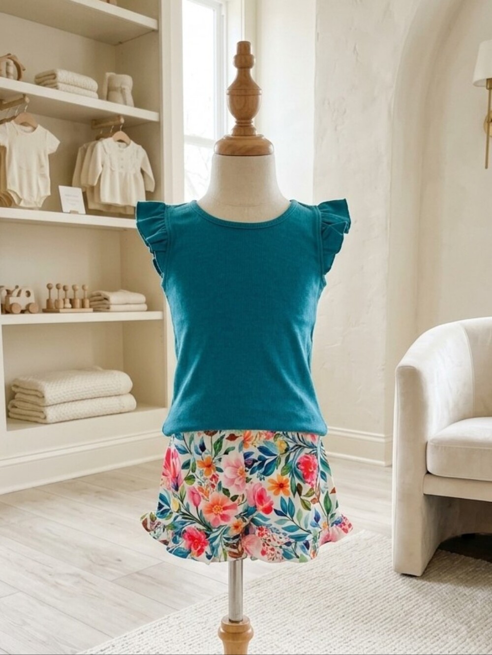 Millie Loves Lily Teal Ribbed Ruffle Cap Sleeve Top & Bright Floral Shorts Set